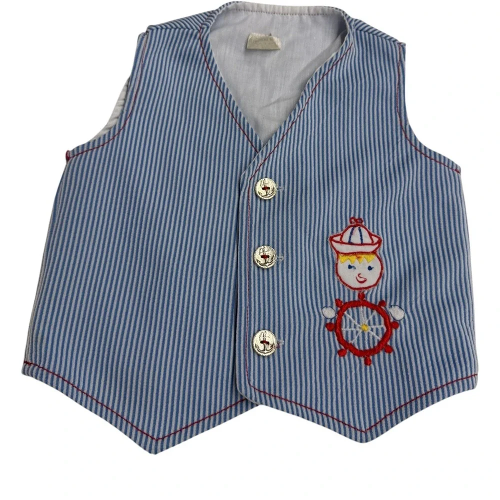 Vintage‎ Kids Vest Blue White Nautical Seersucker Embroidered Sailor 2T
